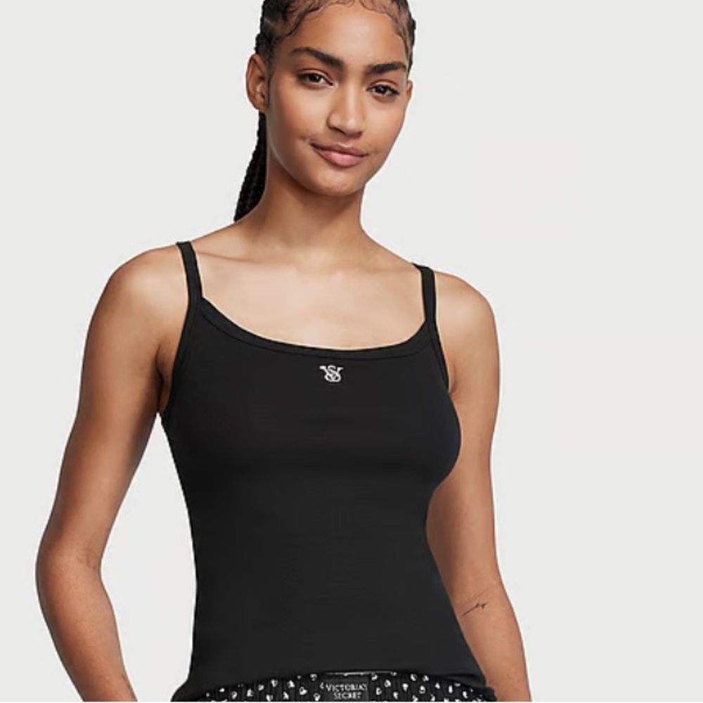 NWT Victoria’s Secret stretch cotton black tank  embroidered logo sz Large short